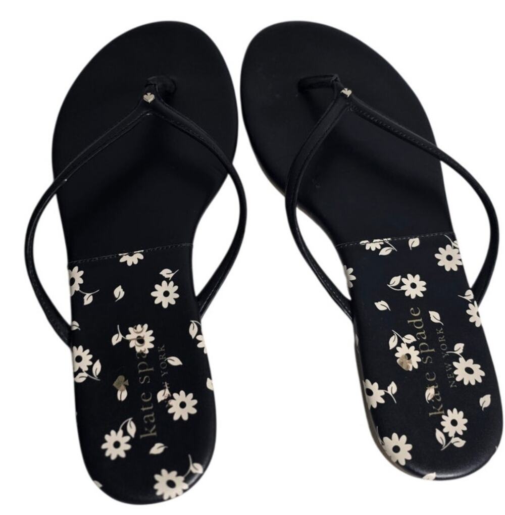 Kate Spade New York Womens Size 7 Black Floral Flip Flops Thong Sandals Summer